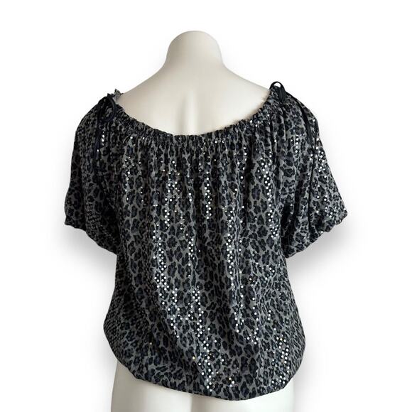 Express Top Sz M Animal Leopard Print Sequins Black Gray Mob Wife Y2K Glam Rock - Picture 7 of 13